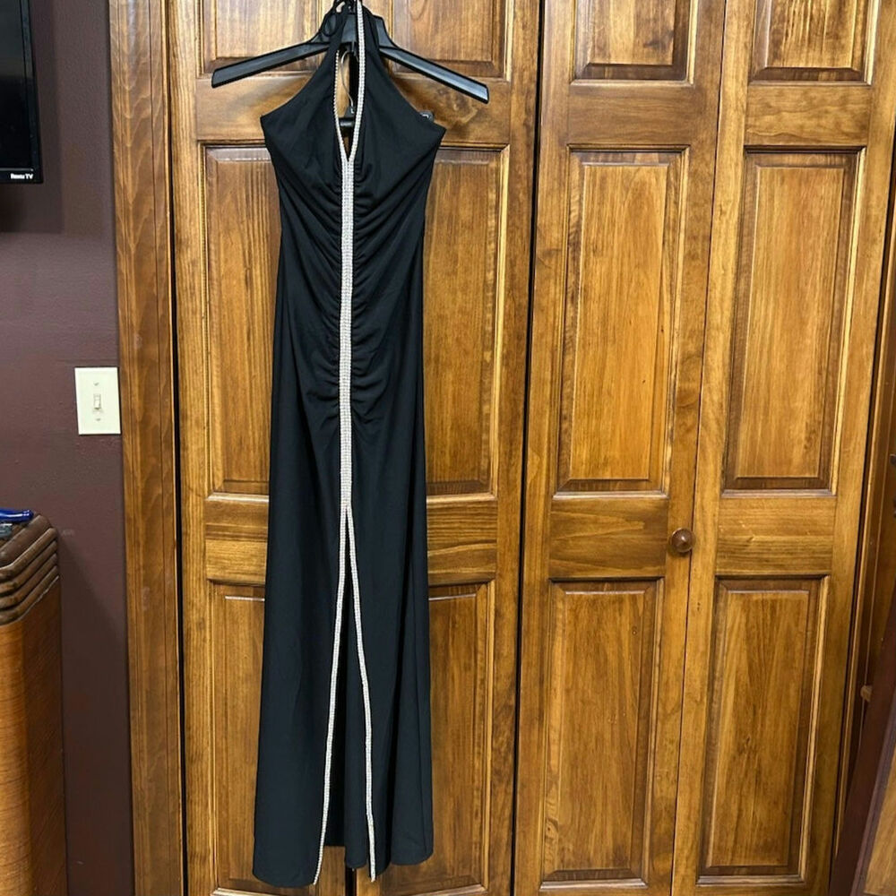 Betsy and Adam by Linda Bernell Black Maxi Dress with Rhinestones